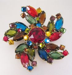 1950's Large Multicolored Rhinestone Brooch Pin Rhinestone Brooch Rhinestone Pin Multicolor Costume Jewelry Brooches For Weddings, Vintage Multicolor Brooch For Party, Multicolor Vintage Brooch For Party, Multicolor Rhinestone Brooches For Wedding, Vintage Multicolor Party Brooch, Multicolor Rhinestone Wedding Brooches, Elegant Multicolor Jeweled Brooches, Elegant Multicolor Rhinestone Brooches, Vintage Multicolor Rhinestones Brooches