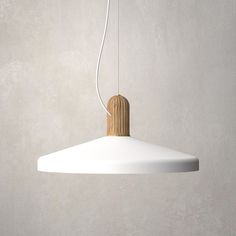 a white light hanging from a ceiling fixture in a room with concrete walls and flooring