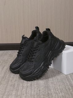 Men's Dad Chunky Sneakers, Lace Up Colorblock Athletic Shoes, Thick Sole Non-Slip Round Toe Sport Shoes, Casual Wear For College Students Black     Plain    Men Shoes, size features are:Bust: ,Length: ,Sleeve Length: Thick Bottom Slip-on Platform Sneakers For Streetwear, Black Slip-on Chunky Sneakers For Streetwear, Black Ankle-high Platform Sneakers, Casual Black Chunky Sneakers With Vibram Sole, Black Chunky Sneakers With Vibram Sole, Black Chunky Sneakers With Lug Sole, Black Chunky Sneakers With Lug Sole And Round Toe, Black Slip-on Platform Sneakers With Thick Sole, Casual Black Slip-on Chunky Sneakers