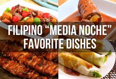 several different types of food on plates with the words'filipino media noche favorite dishes '