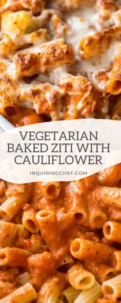 a close up of a plate of pasta with sauce and cheese on it, text overlay reads vegetarian baked ziti with cauliflower