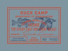 a duck camp ticket is shown in red and blue on a gray background with the words department of conservation