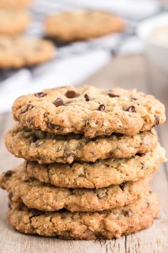 chocolate chip cookies stacked on top of each other