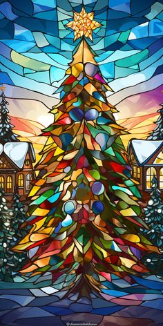 a stained glass christmas tree with snow on the ground