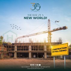 a building under construction with cranes and birds in the sky above it that reads, the rise of a new world