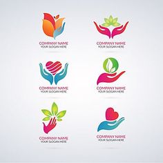 four different logos with hands holding leaves and hearts in each other's hands, one for