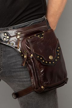 Leather Thigh Bag, Brown Leather Belt Bag For Outdoor, Functional Leather Belt Bag For Outdoor Activities, Outdoor Leather Belt Bag With Belt Loops, Leather Belt Bag With Pockets For Outdoor, Functional Leather Belt Bag With Pockets, Functional Leather Belt Bag For Outdoor, Leather Saddle Bag With Belt Loops For Travel, Steampunk Leather Bag With Belt Loops