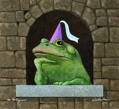 a frog with a party hat sitting on a ledge