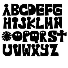 the alphabet is black and white with letters in different styles, including one for each letter