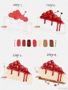 the steps in how to make a cheesecake with chocolate and cherries on top