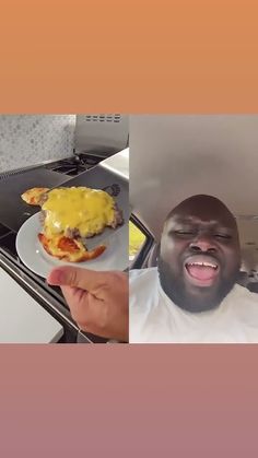 the man is excited to see his breakfast on the plate and then he sees what looks like it