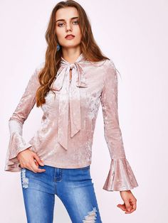 Shop Bow Tied Neck Bell Sleeve Crushed Velvet Blouse online. SheIn offers Bow Tied Neck Bell Sleeve Crushed Velvet Blouse & more to fit your fashionable needs. Velvet Blouse Pattern, Pink Bow Tie, Bow Blouse, Upcycled Fashion, Pink Pattern, Velvet Fashion, Collar Pattern