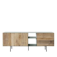 the sideboard is made out of wood and has two metal legs on each side