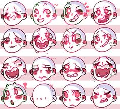 an image of various facial expressions on a white and pink striped background with red stripes