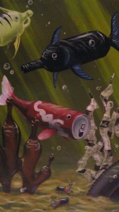 a painting of fish swimming in an aquarium