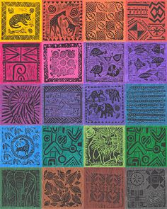 an image of different colored squares with animals and symbols on them in black, red, yellow, green, blue, purple