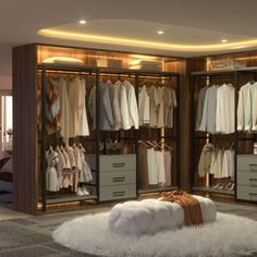 an open closet with clothes on hangers and fur rug in the floor, next to a bed