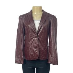 Stylish Women's Wine Red Leather Jacket by NORTHSIDE, size 1. Features two frontal pockets and button closure for a sleek and modern look. It is in excellent vintage conditions with no holes, rips, or stains - please see pictures. You can find measurements in the last picture.  Measurements taken flat:  Size - 11 Neck -  Shoulders - 18 Chest - 17 Waist - 17 Hips / Hem - 19 Length - 25 Sleeve - 22 Arm - 6 Cuff - 5 1 day handling. Feel free to ask any questions you may have. Classic Red Leather Jacket With Button Closure, Red Leather Jacket With Button Closure For Work, Fitted Burgundy Leather Jacket For Work, Burgundy Leather Jacket For Spring Workwear, Casual Burgundy Leather Jacket For Work, Red Leather Workwear Jacket With Pockets, Woman Wine, Wine Red, 1 Day