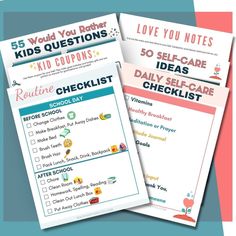 three children's checklists with the words, 25 kids's questions and 50 self - care checks