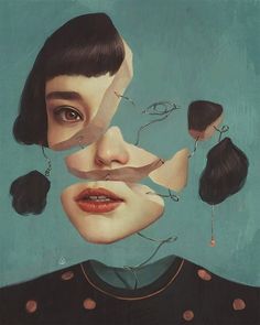 a painting of a woman's face with scissors sticking out of her nose and hair