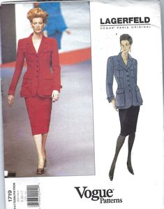 a woman's jacket and skirt sewing pattern from the front, with an image of a