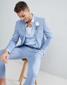 Linen Suit Wedding, Light Blue Linen Suit, New Style Suits, Blue Linen Suit, Mens Tailored Suits, Suits Formal, Groom Gifts, Formal Fashion