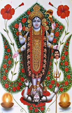 the hindu god with flowers and candles in his hands, surrounded by red flowers on a white