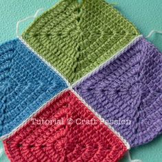 crocheted squares are arranged in different colors