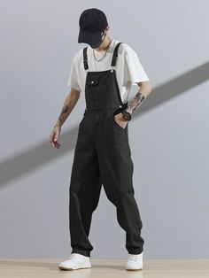 Men Cotton Slant Pocket Denim Dungaree Without Tee Black    Denim Plain Overall Non-Stretch  Men Clothing, size features are:Bust: ,Length: ,Sleeve Length: Black Overalls Outfit Men, Black Overalls Outfit Grunge, Overalls Outfit Grunge, Overalls Outfit Men, Men's Jumpsuit, Black Overalls Outfit, Jumpsuit For Men, Alternative Mens Fashion, Overall Men