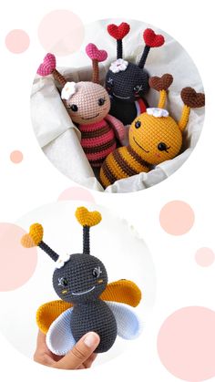 two pictures showing different types of stuffed animals in the same photo, one with a bee and