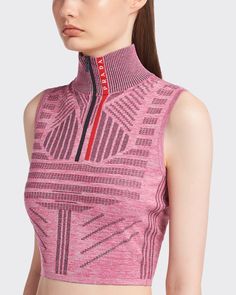 Tec Rec Nylon: post-consumer recycled polyester yarn Piqué motif Cropped slim-fit silhouette Ribbed knit turtleneck Sleeveless Embroidered logo Front zipper closure Prada Collection, Turtleneck Sleeveless, Sport Inspiration, Knit Turtleneck, Women Pink, Women Essentials, Polyester Yarn, Classic Outfits, Top Women