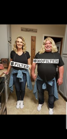 two people dressed in funny costumes standing next to each other holding signs that say, snoffler