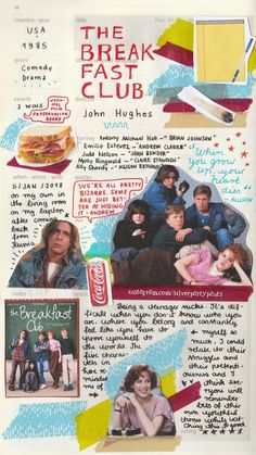 an advertisement for the breakfast club with pictures of people and food on it's side