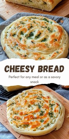 cheesy bread on a cutting board with text overlay that reads, perfect for any meal or as savory snack