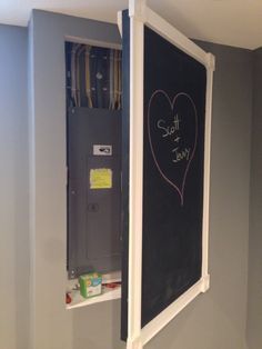 a chalkboard in the corner of a room