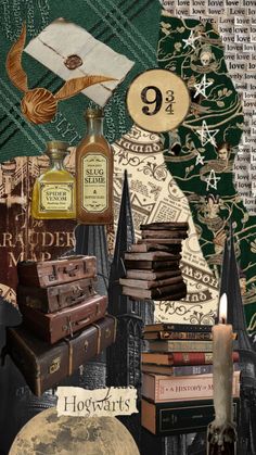 a collage of harry potter images with books, bottles and hogwart's map