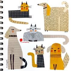 an image of cats and dogs made out of paper on a page in a notebook