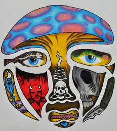 a drawing of a person's face with different colored eyes and headdress