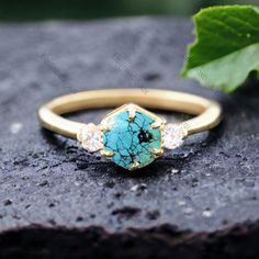 14k Turquoise Diamond Ring 5.0MM Three Gemstone Turquoise Engagement Ring December Birthstone Prong Set Jewelry Anniversary Gift For Love Main Stone -Turquoise (Lab Created) Stone Size - 5 mm Stone color - Blue Stone shape - Round Second Stone- CZ Diamond Stone color-Colorless Stone Shape-Round  Finishing- Excellent feel free to contact me if you have any questions Gemstone color may slightly vary from listed image due to the nature of all natural gemstone or different monitor settings TURNAROUND TIME Your order will be ready for shipment in 4-8 business days. Free economy shipping for US, UK, Germany- 10-15 business days delivery time. shipping upgrade available for US, UK, Germany- 5-7 business days delivery time. Please check shipping times for other countries by entering your country a Turquoise Ring With Accent Stones For Promise, Turquoise Three Stone Ring As A Gift, Turquoise Three Stone Ring For Gift, Yellow Gold Turquoise Promise Ring, Gold Turquoise Promise Ring, Gold Turquoise Gemstone Promise Ring, Turquoise Accent Stones Promise Ring, Turquoise Birthstone Ring With Accent Stones, Turquoise Crystal Promise Ring