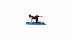 a woman is doing yoga on a blue mat