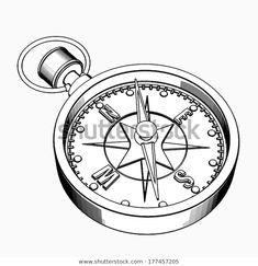 a black and white drawing of an old fashioned compass with the needle pointing in to it