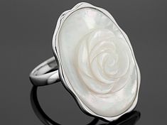 Pacific Style™ 30x20mm oval white mother of pearl rose rhodium over sterling silver ring. Measures approximately 1.25"L x .13"W. Not sizeable. Mother Of Pearl Rose, Silver Rose Ring, Pearl Rose, Rose Ring, White Hand, Broken Chain, Pearl Strands, Mother Pearl, Gorgeous Jewelry