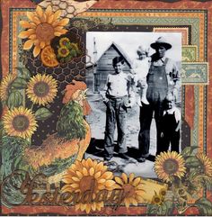 an old fashioned photo with sunflowers and a rooster on the front, surrounded by flowers