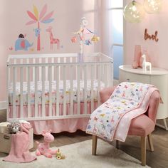 This three-piece nursery baby bedding set includes one 100% cotton jersey quilt, one 100% cotton jersey fitted crib sheet, and one crib skirt. Colorful jungle/safari animals decorate this cozy collection. There are elephants, giraffes, koalas, tigers, zebras, leopards, and turtles all in pretty pastel colors on a soft white ground. The breathable 100% cotton jersey fitted crib sheet is extra soft for baby’s comfort. It has elastic all the way around ensuring a safe and secure fit on a standard s Pastel Safari, Unique Cribs, Girl Crib Bedding Sets, Jersey Quilt, Pink Crib, Lambs & Ivy, Baby Crib Bedding Sets, Pink Giraffe, Baby Crib Bedding