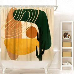 a bathroom with a cactus shower curtain