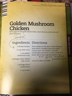 a yellow book with instructions on how to use the golden mushroom chicken recipe