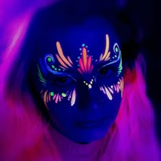 NEON PARTY by Ronald Luna M Neon Festival Face Paint, Neon Dance Makeup, Neon Party Paint, Black Light Makeup Ideas, Neon Party Makeup, Pintura Facial Neon