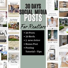 the 30 days social media post for realtors is shown in this graphic design guide