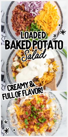 three plates filled with baked potato salad and creamy & full of flavored cheese