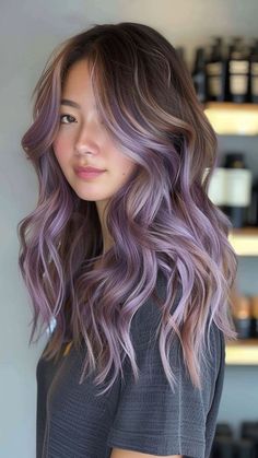 Purple And Light Brown Hair, Dirty Blonde Hair With Purple Highlights, Ashy Purple Hair, Poses On Chair, Purple Highlights Brown Hair, 80 Hair, Purple Hair Highlights, Balayage Hair Color Ideas